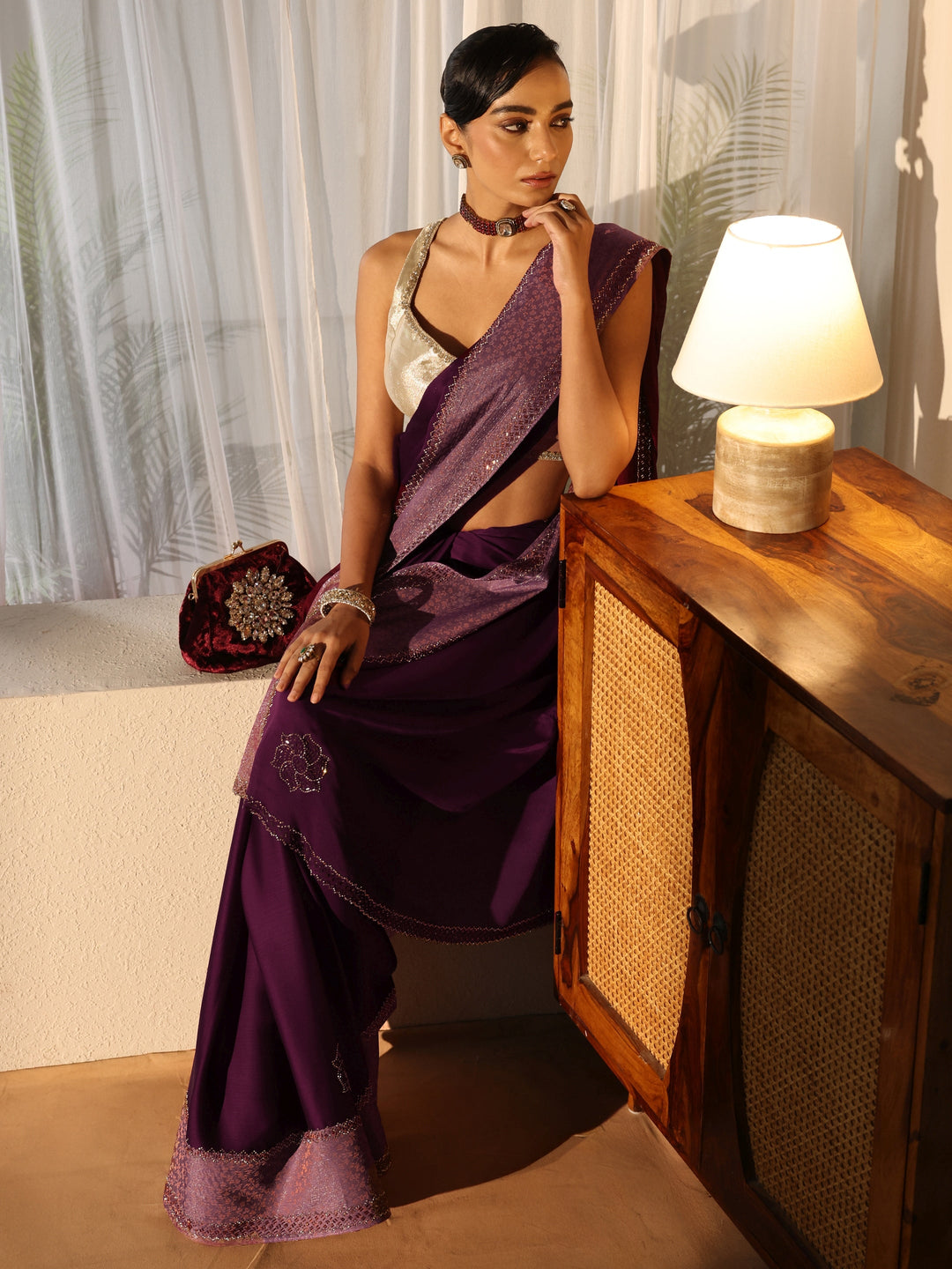 Burgundy Embellished Chiffon Saree