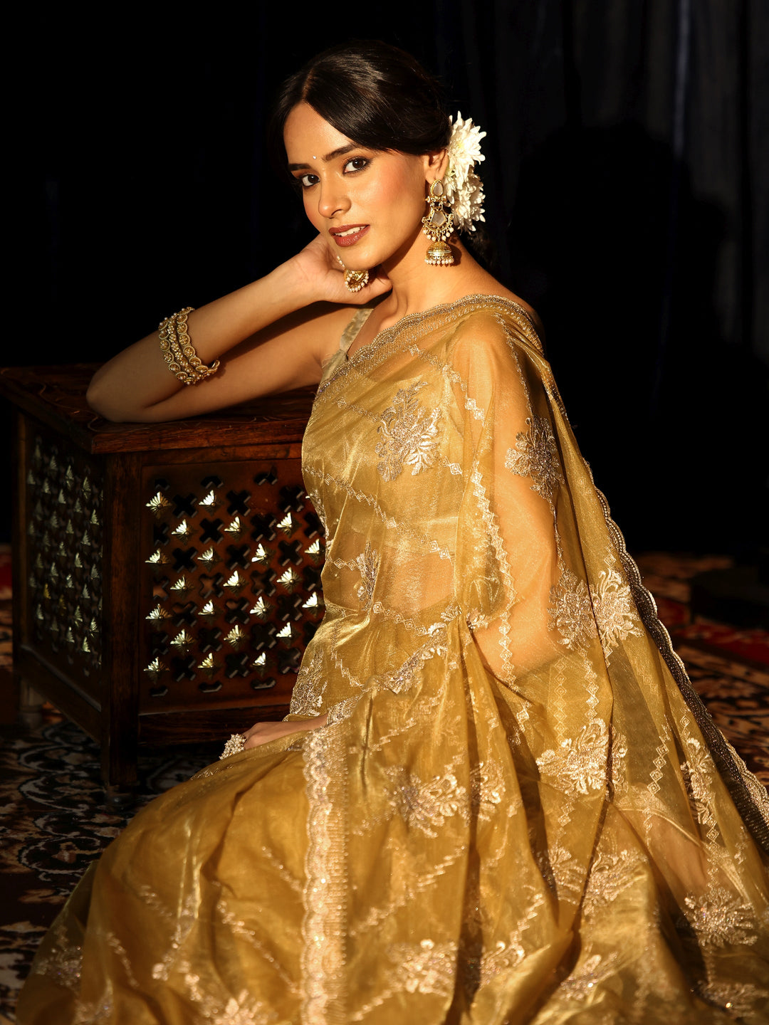 Libas Butter Yellow Floral Embellished Net Saree