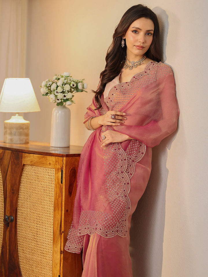 Libas Cerise Pink Bead Work Tissue Saree