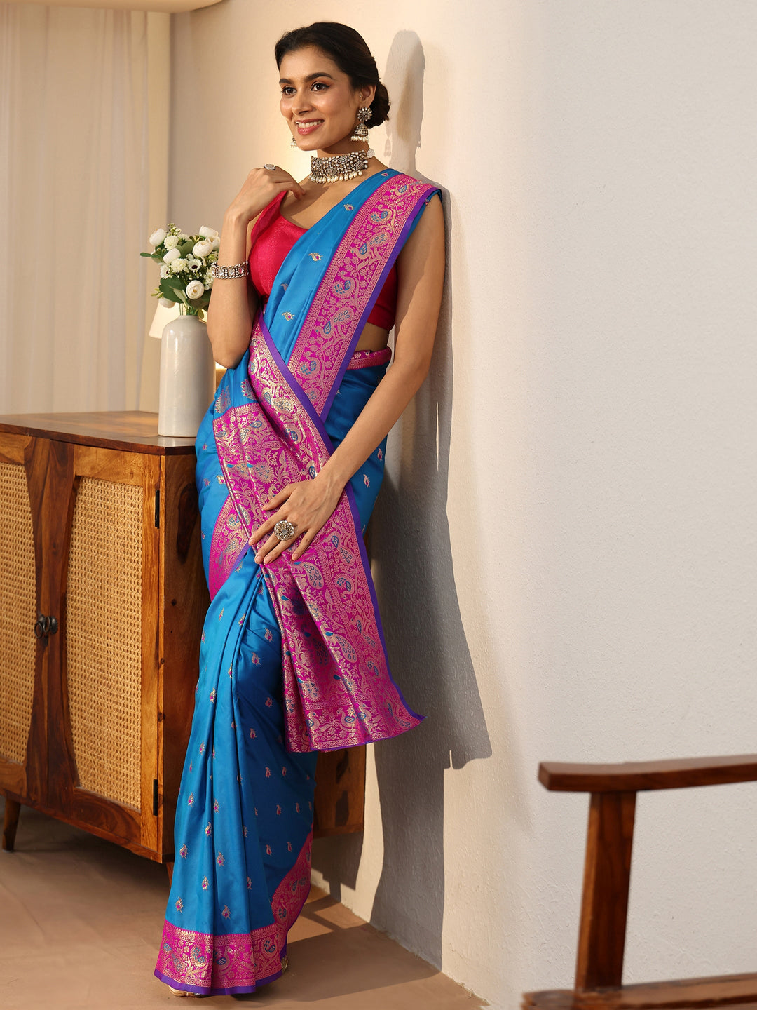Libas Cerulean Blue Kanjeevaram Silk Blend Saree