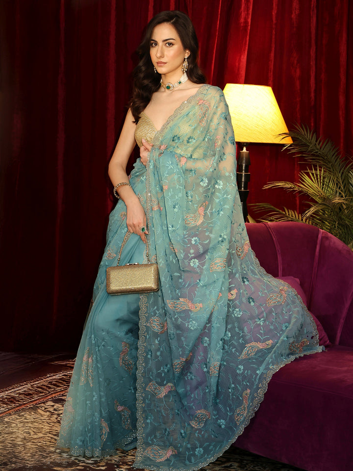 Libas Cerulean Blue Peacock Embroidered Chiffon Saree