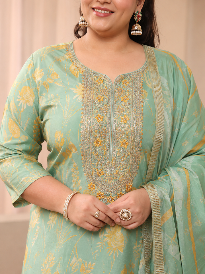 Plus Size Green Floral Printed Chinon Straight Suit Set