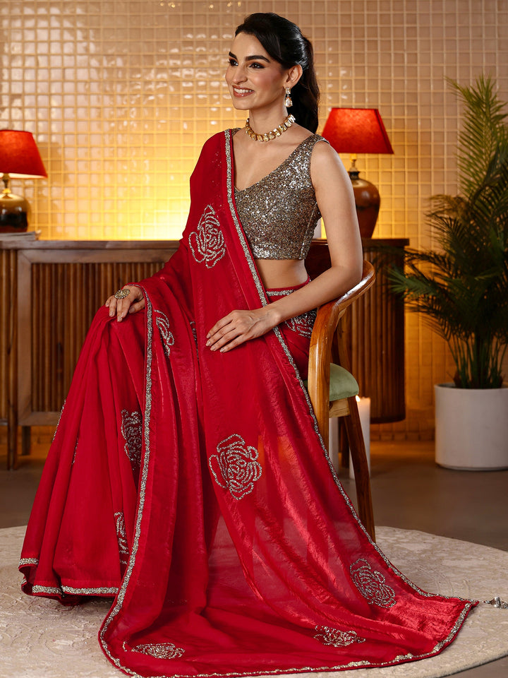 Libas Cherry Red Embellished Silk Blend Saree