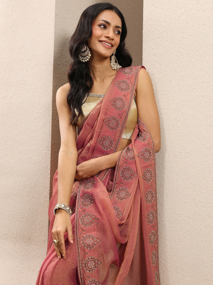 Coral Embellished Organza Saree With Unstitched Blouse Piece