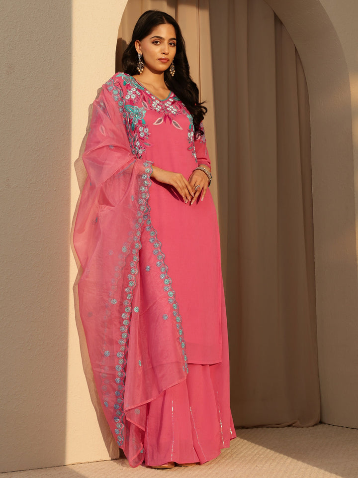 Libas Coral Floral Embroidered Chinon Palazzo Suit Set