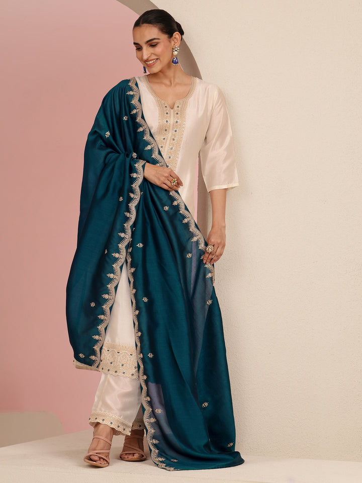 Libas Cream Embroidered Chanderi Silk Straight Suit Set