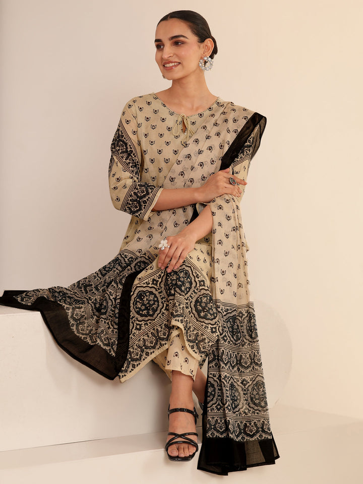 Libas Cream Ethnic Printed Cotton Straight Suit Set