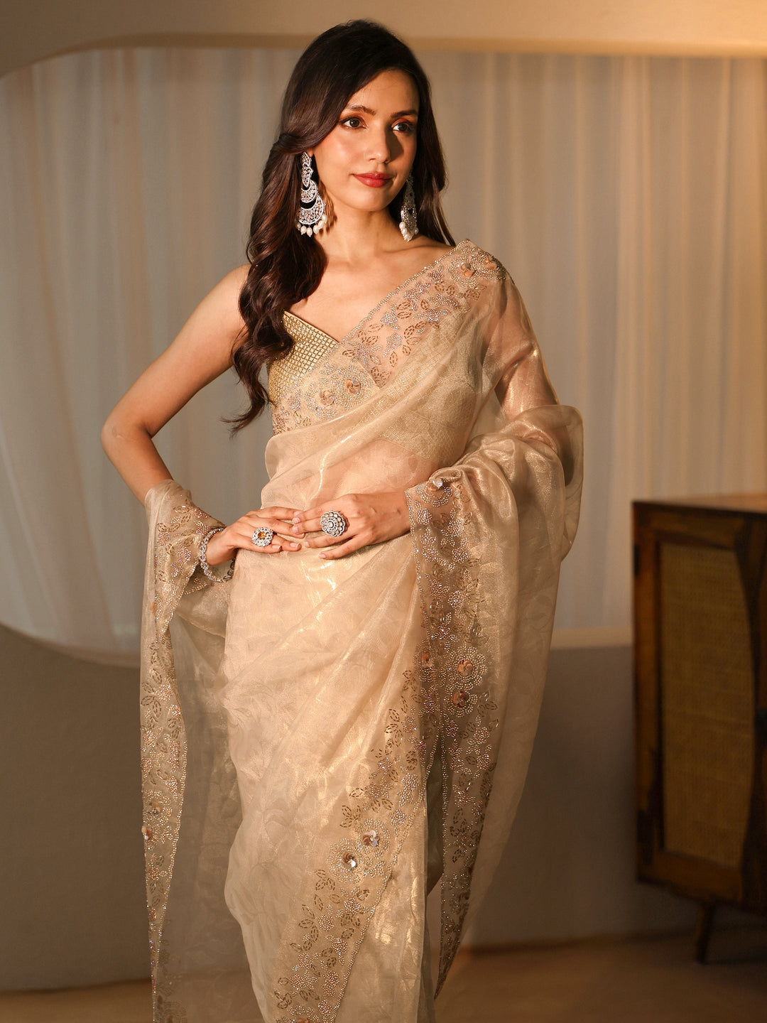 Libas Cream Floral Embellished Tissue Saree
