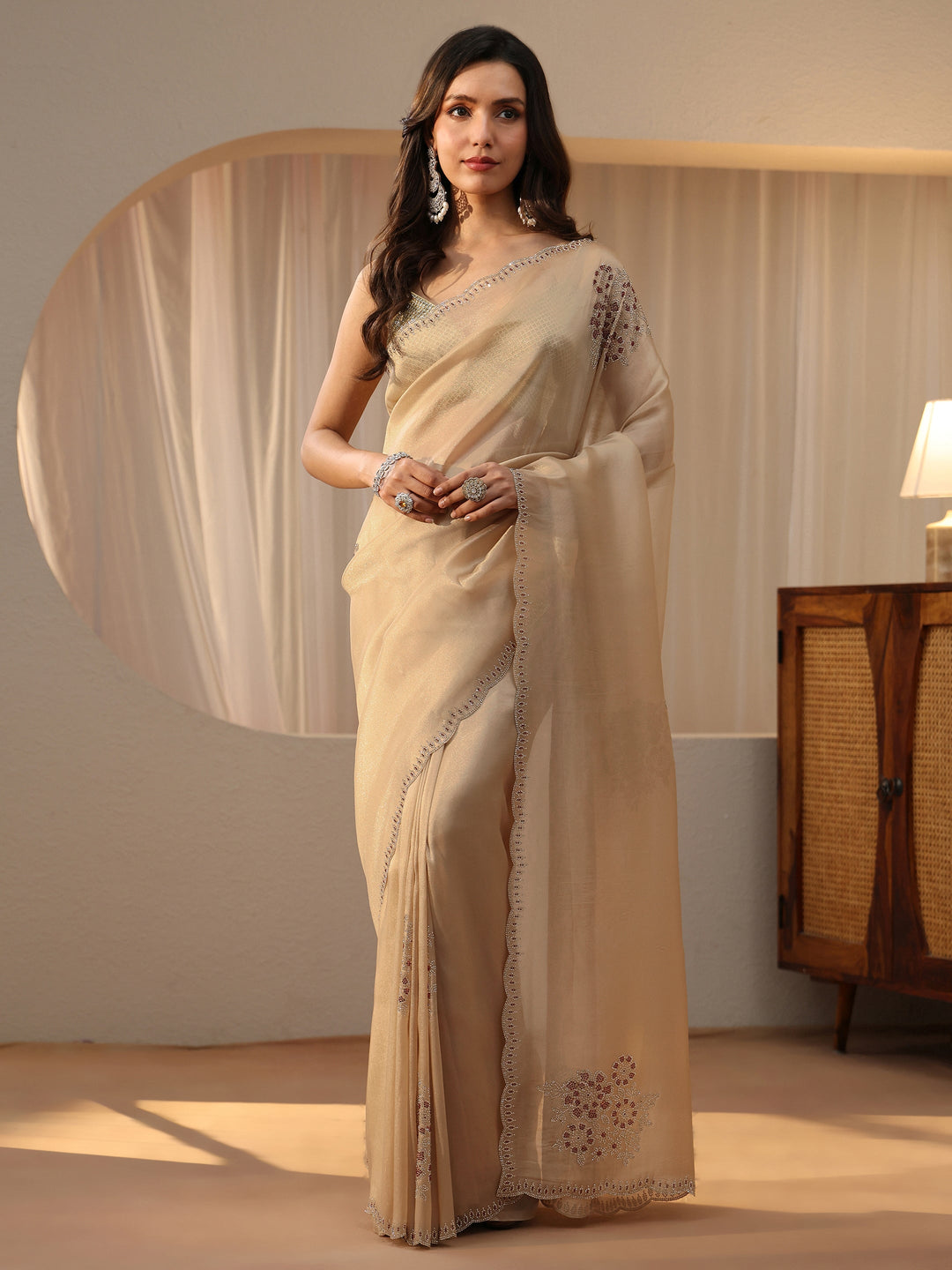 Libas Cream Floral Embellished Tissue Saree
