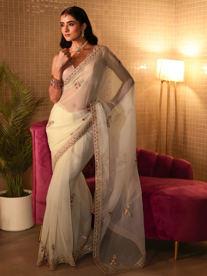 Libas Cream Floral Embroidered Silk Blend Saree