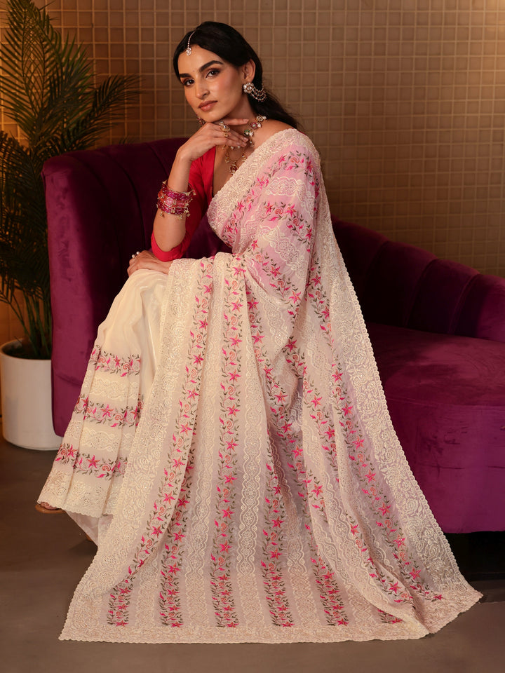 Libas Cream Floral Embroidered Tissue Saree