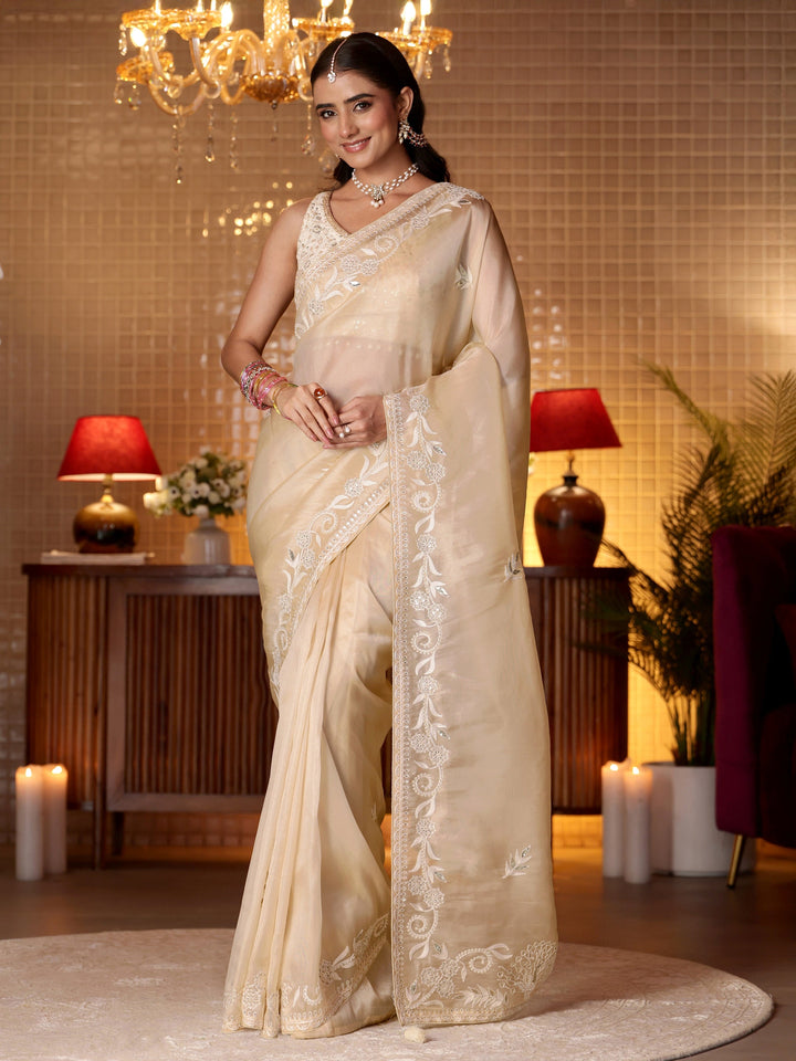 Libas Cream Floral Embroidered Tissue Saree