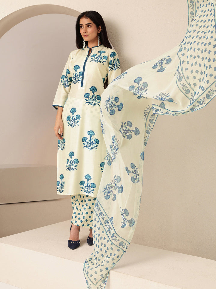 Libas Cream Floral Printed Straight  Cotton Blend Suit Set
