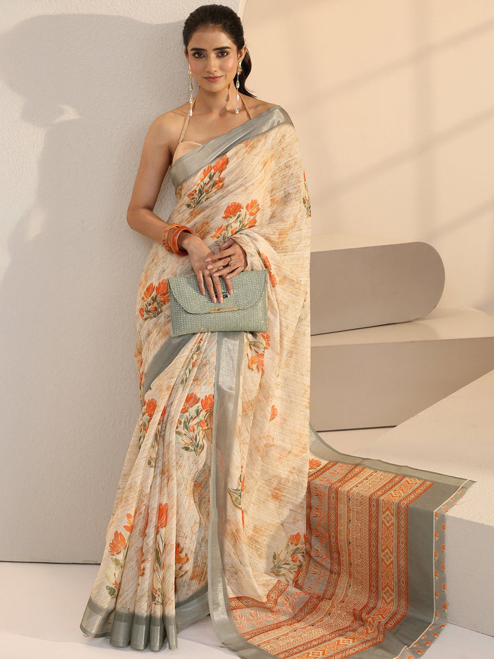 Libas Cream Floral Printed cotton blend Saree