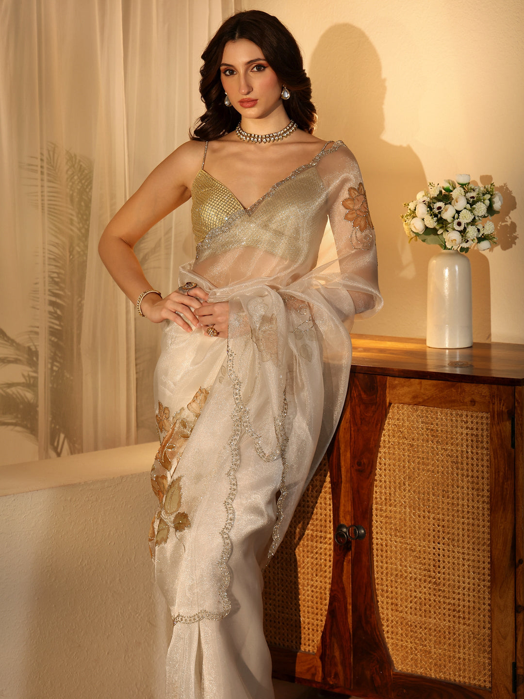 Libas Cream Floral Tissue Saree with Embellished Border