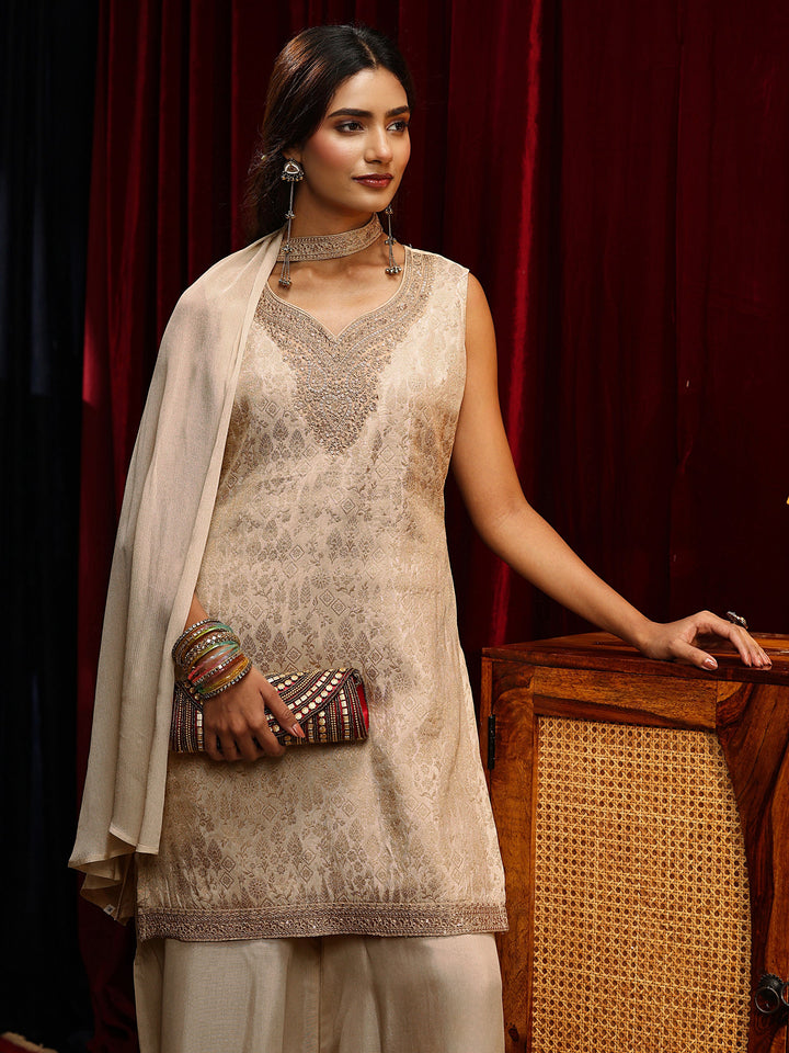 Libas Cream Woven Design Silk Blend Palazzo Suit Set