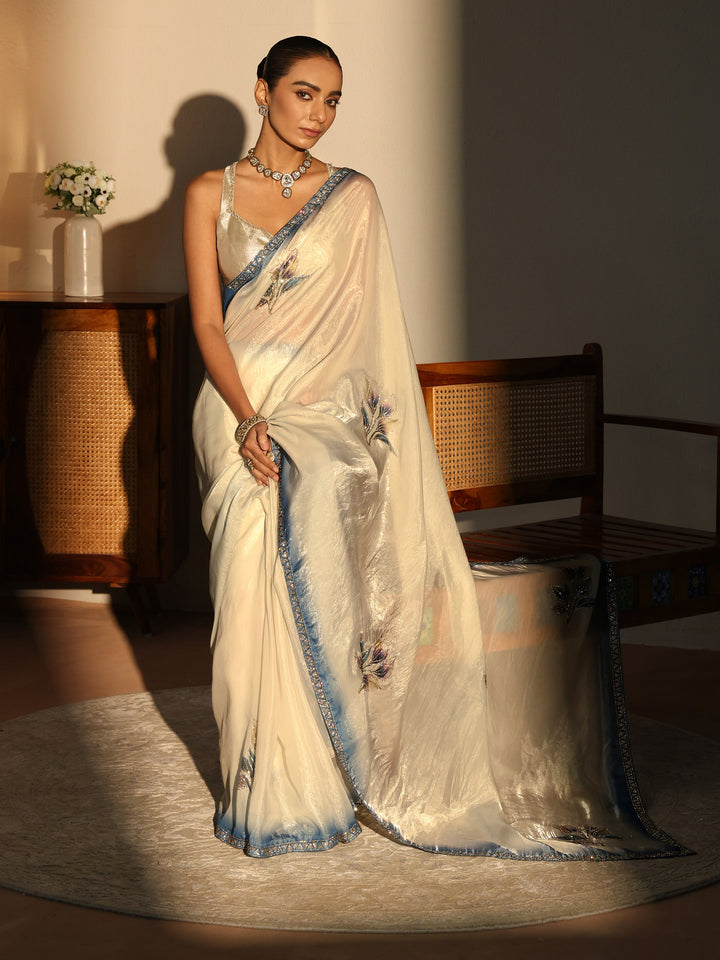 Cream Floral Printed Tissue Saree with Embellishments