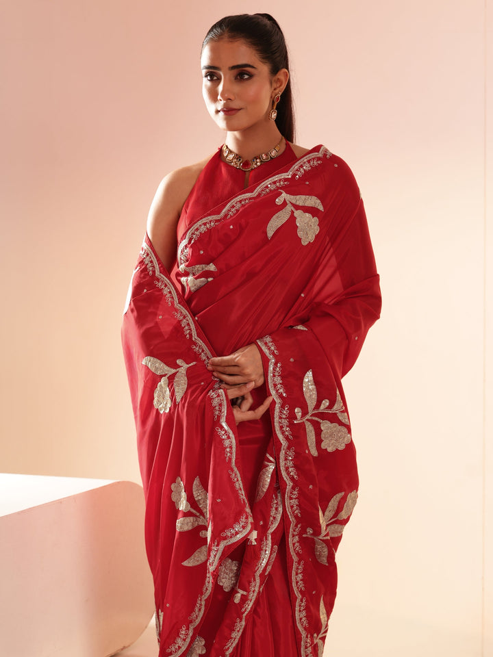 Libas Crimson Red Floral Embellished Satin Saree