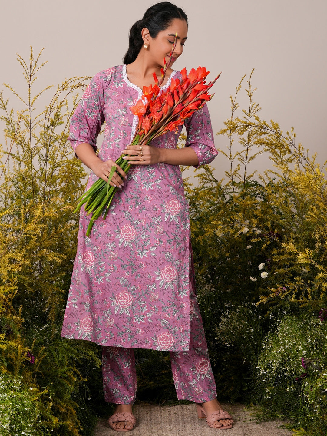 Pink Printed Cotton Straight Kurta With Trousers - ShopLibas 