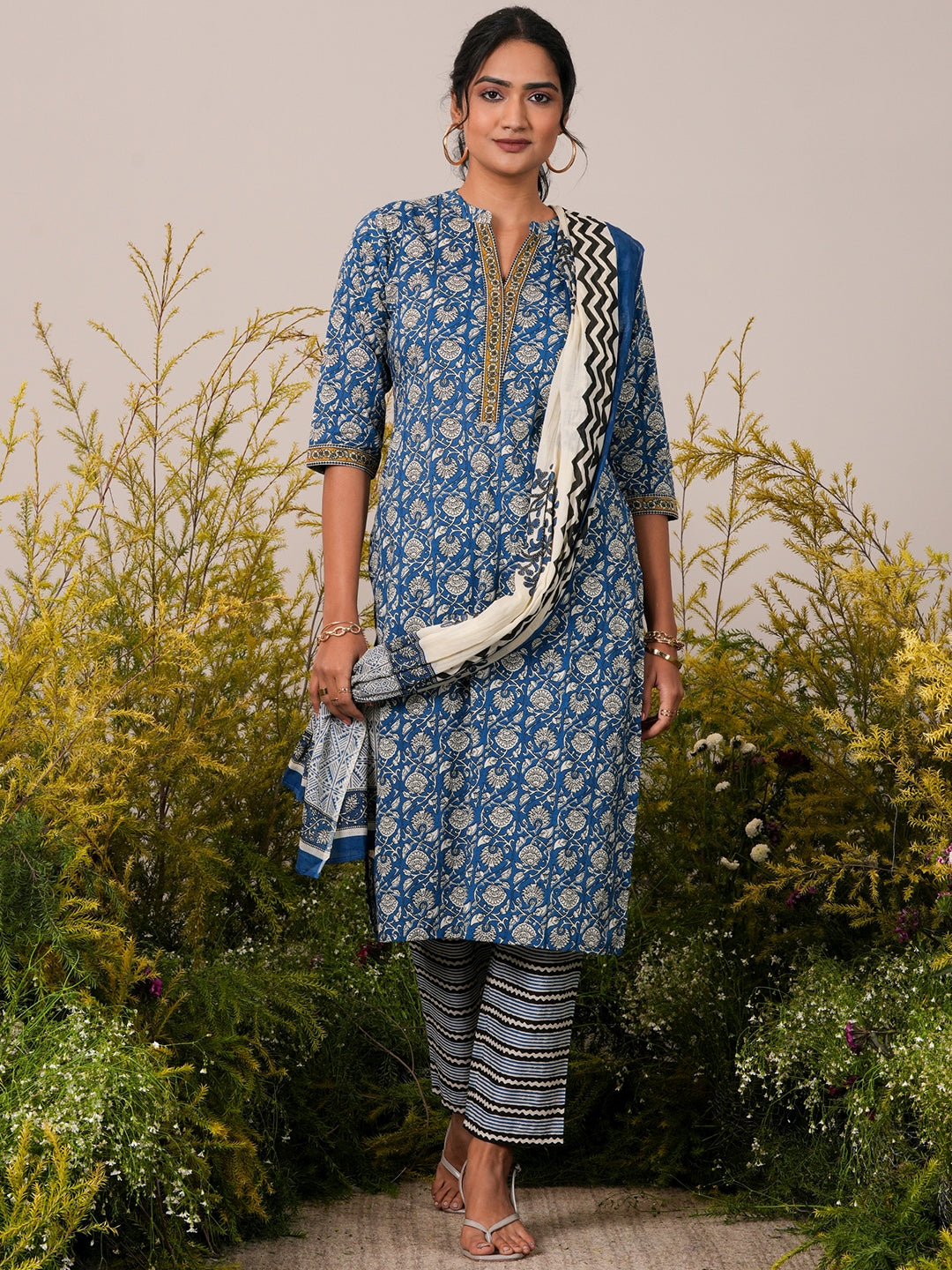 Blue Printed Cotton Straight Kurta With Trousers & Dupatta - ShopLibas