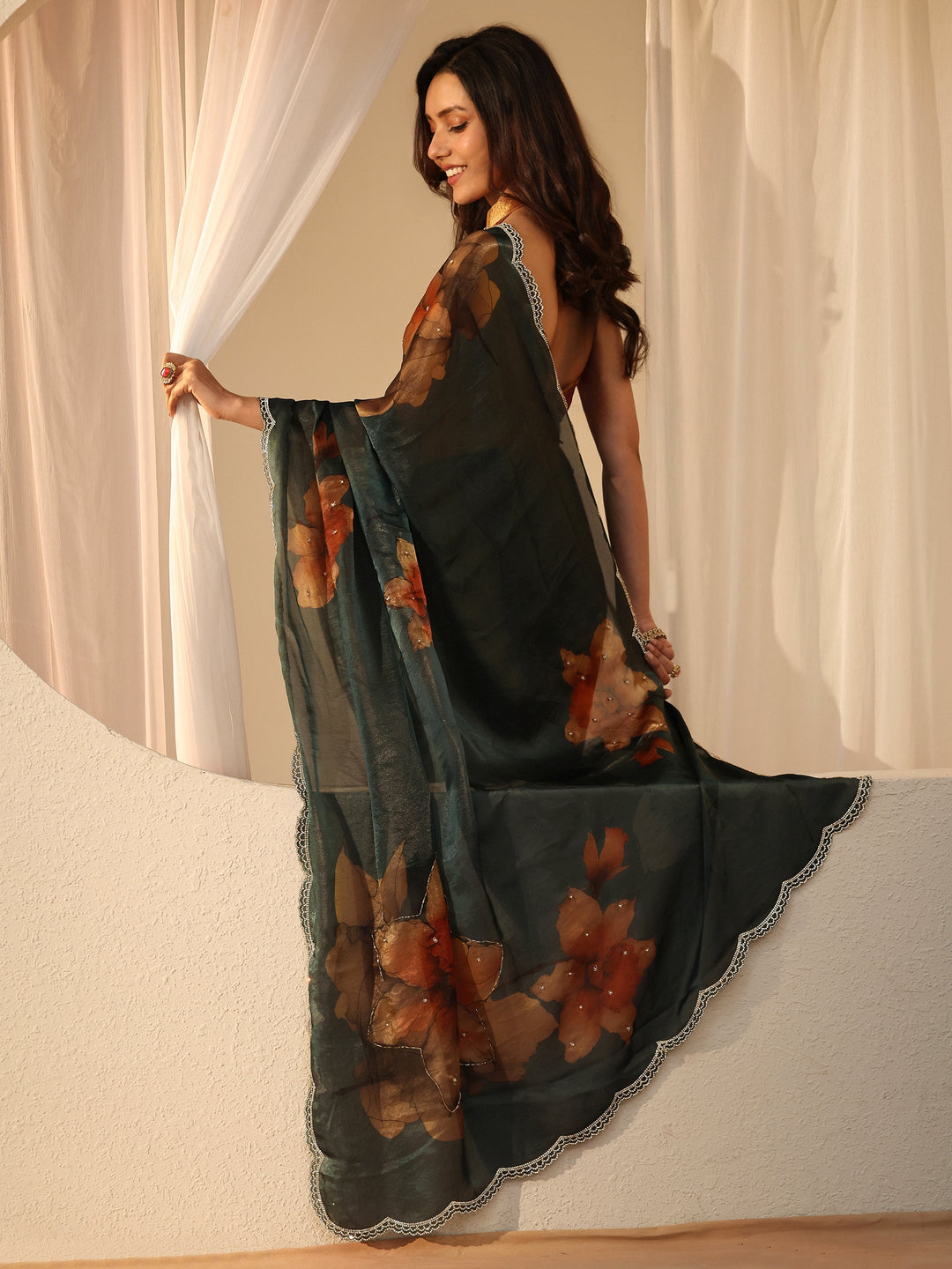 Libas Dark Green Floral Printed Silk Blend Saree