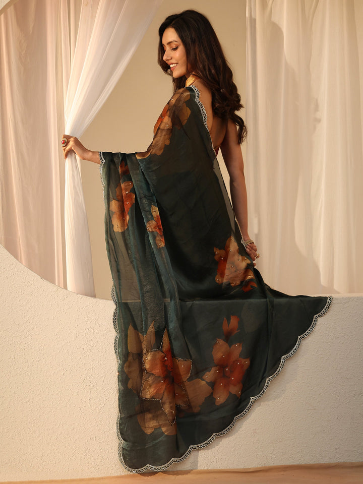 Libas Dark Green Floral Printed Silk Blend Saree