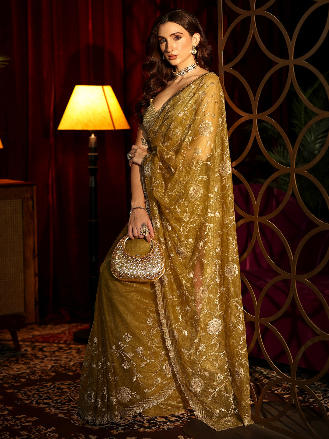 Libas Dark Mustard Floral Embroidered Net Saree