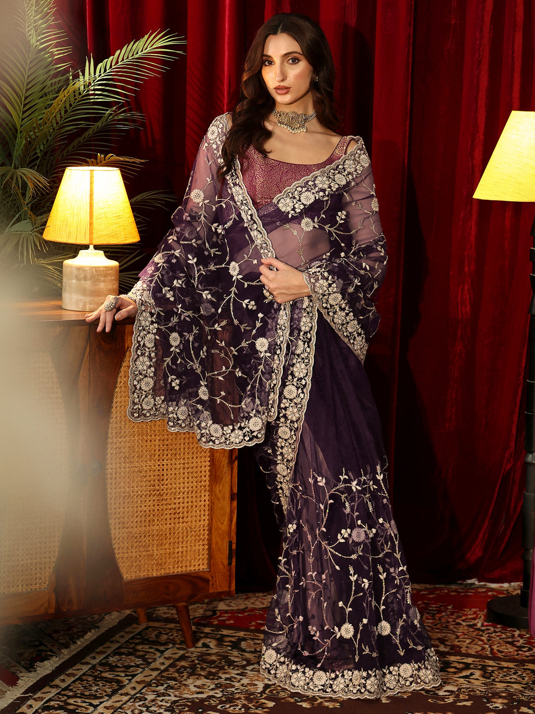 Libas Dark Purple Floral Embroidered Net Saree
