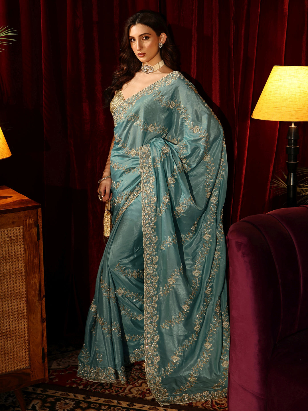 Libas Dusty Aqua Blue Floral Embroidered Satin Saree
