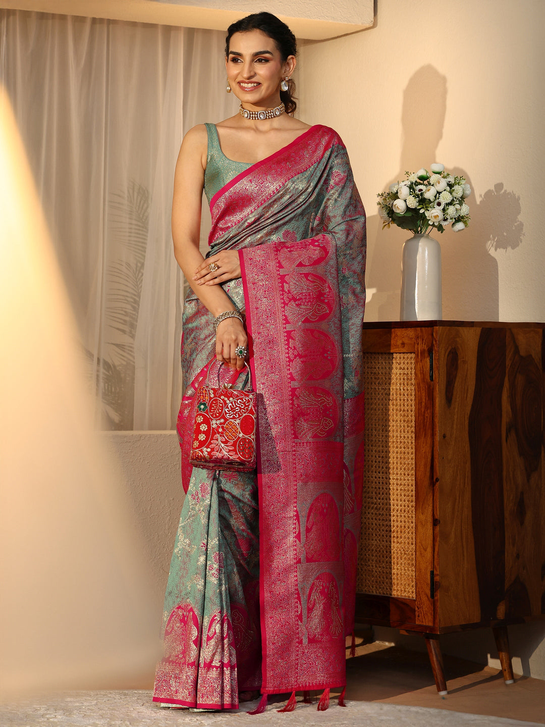 Libas Dusty Blue Baluchari Silk Blend Saree