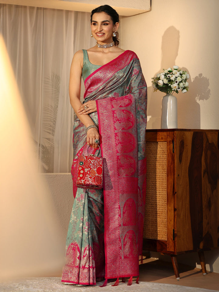 Libas Dusty Blue Baluchari Silk Blend Saree