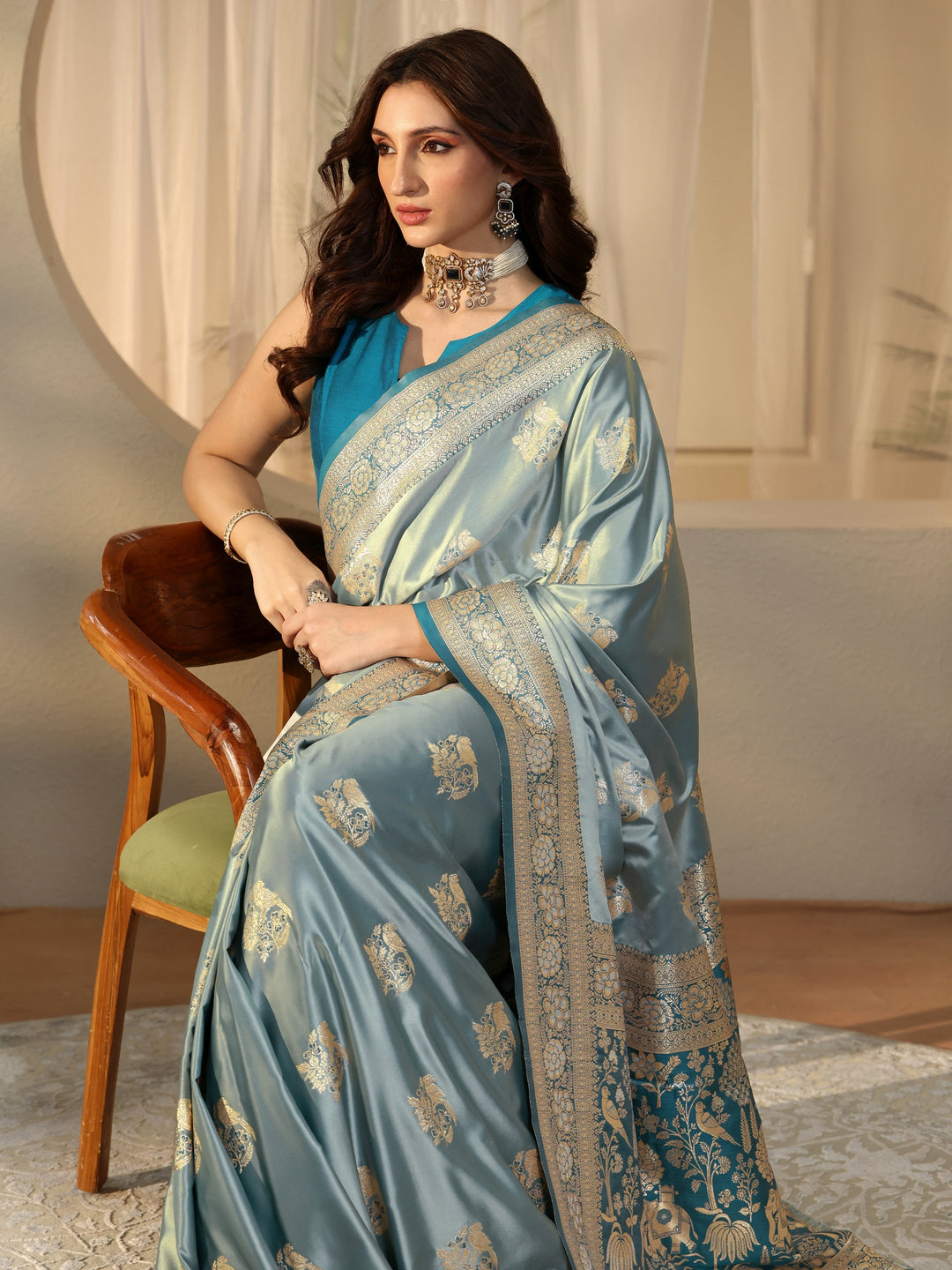 Libas Dusty Blue Banarasi Silk Blend Saree