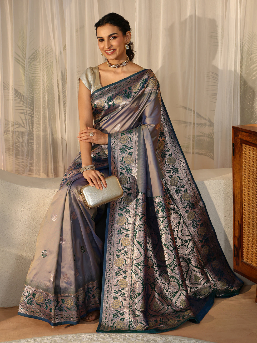 Libas Dusty Blue Banarasi Silk Blend Saree