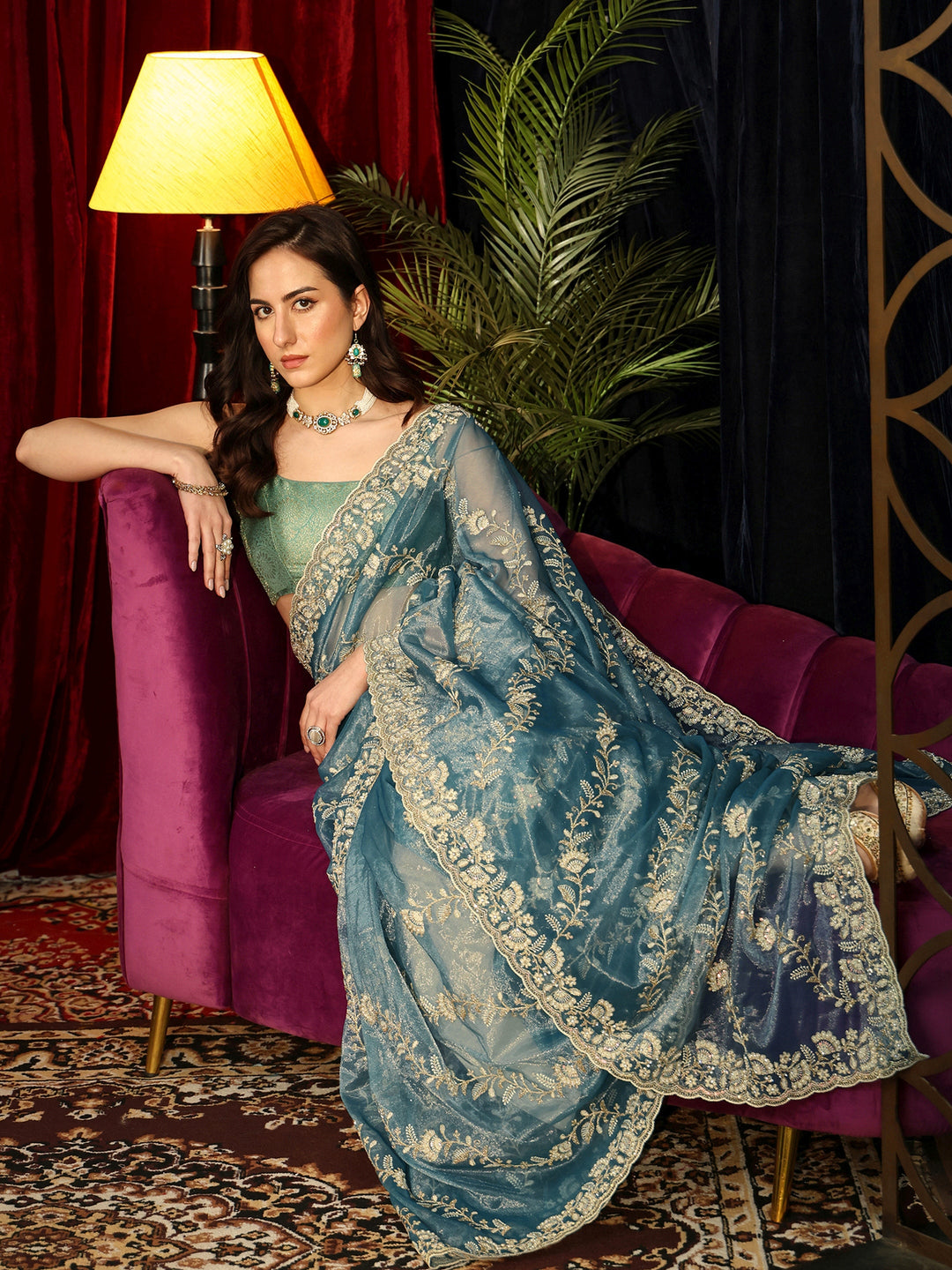 Libas Dusty Blue Floral Embroidered Net Saree