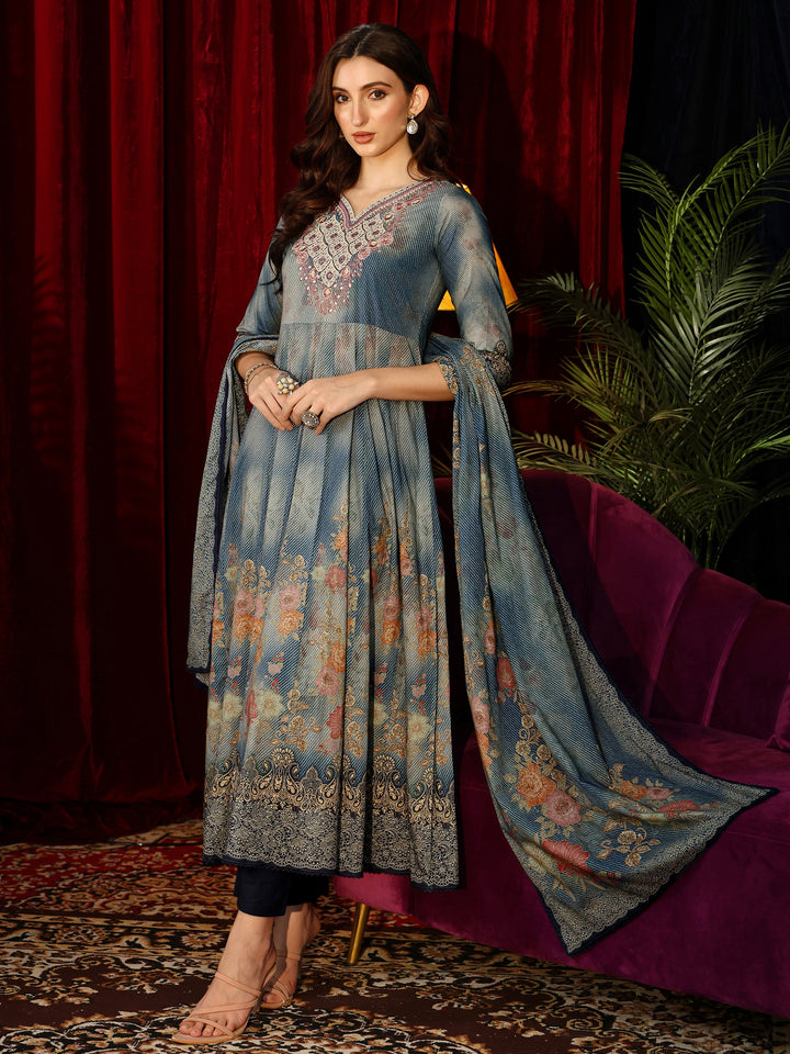 Libas Dusty Blue Floral Printed Cotton Anarkali Suit Set