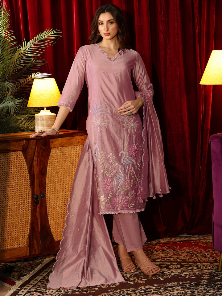 Libas Dusty Pink Floral Embroidered Chanderi Silk Straight Suit Set