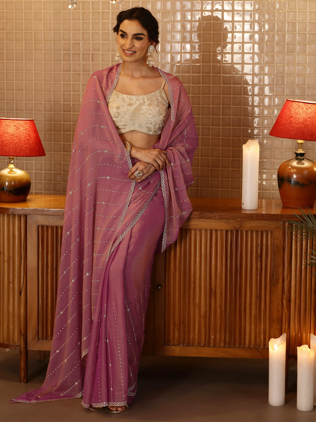 Dusty Pink Striped Embellished Silk Blend Saree