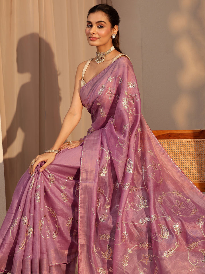 Libas Dusty Rose Pink Floral Embellished Tissue Saree
