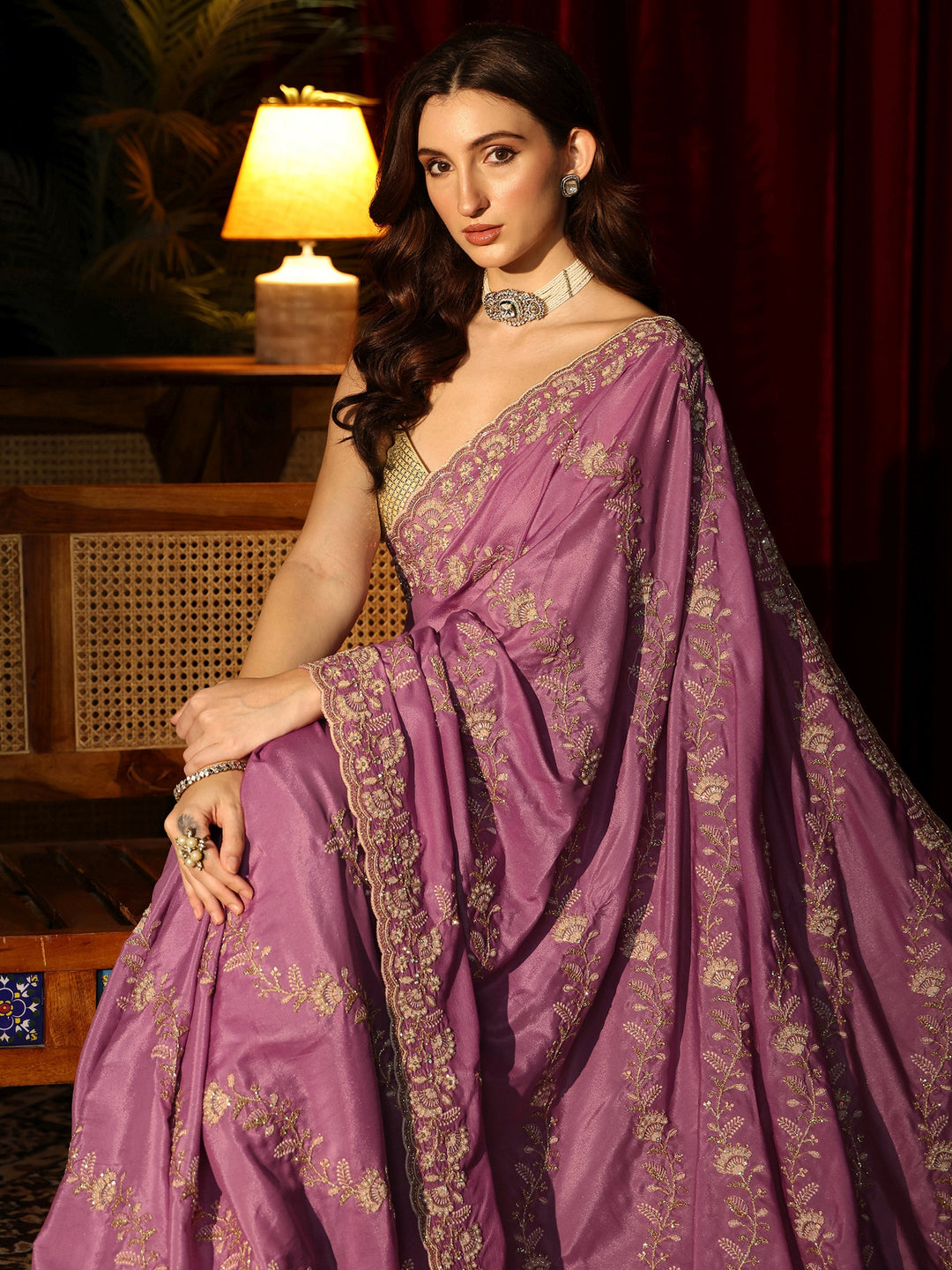 Libas Dusty Rose Pink Floral Embroidered Net Saree