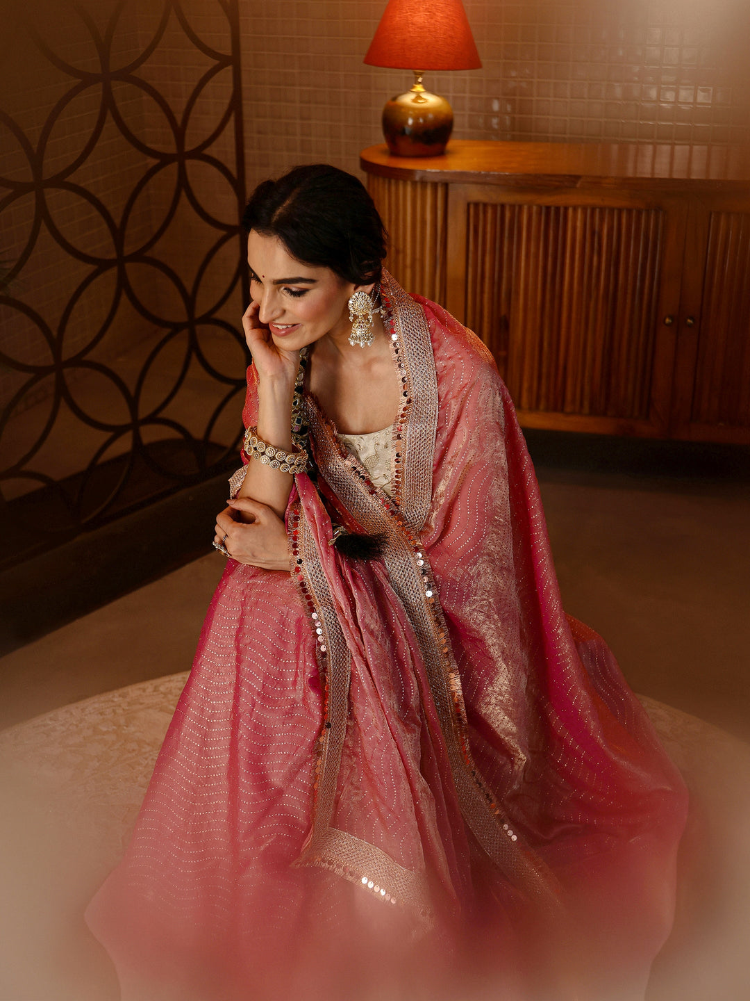 Dusty Rose Pink Leheriya Embellished Tissue Saree