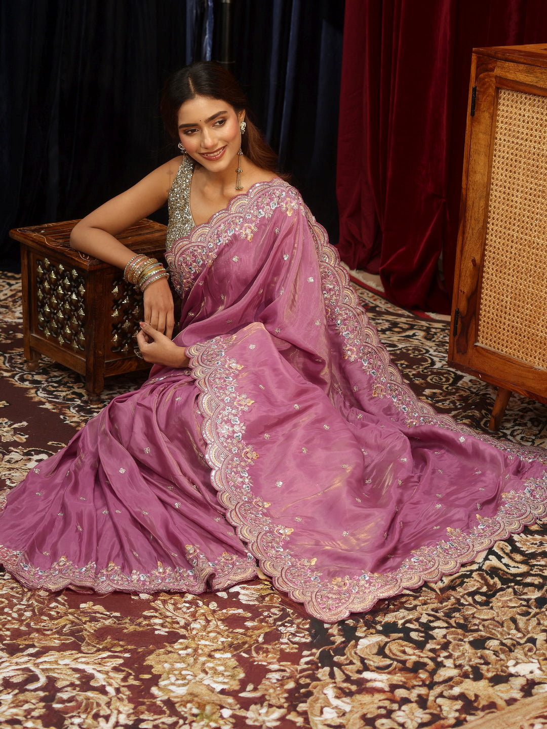 Libas Dusty Rose Pink Silk Blend Saree with Floral Border