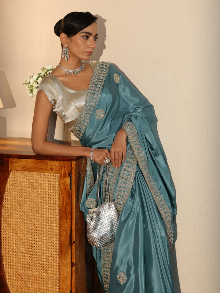 Dusty Blue Ethnic Embroidered Satin Saree