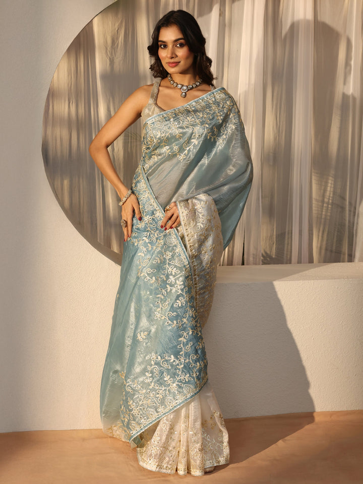 Dusty Blue Floral Embellished Ombre Satin Saree