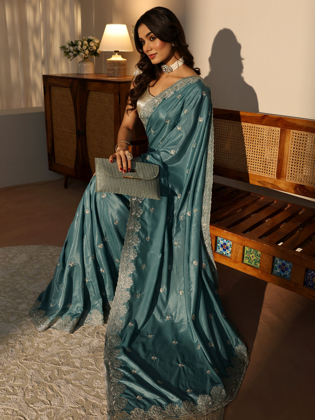 Dusty Blue Floral Embroidered Satin Saree