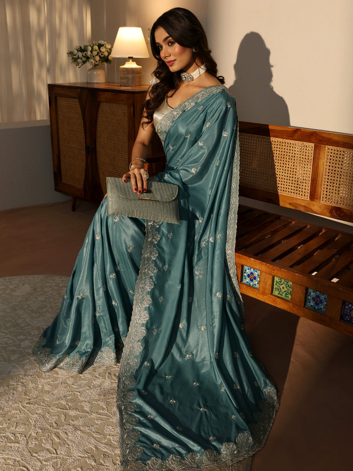 Dusty Blue Floral Embroidered Satin Saree