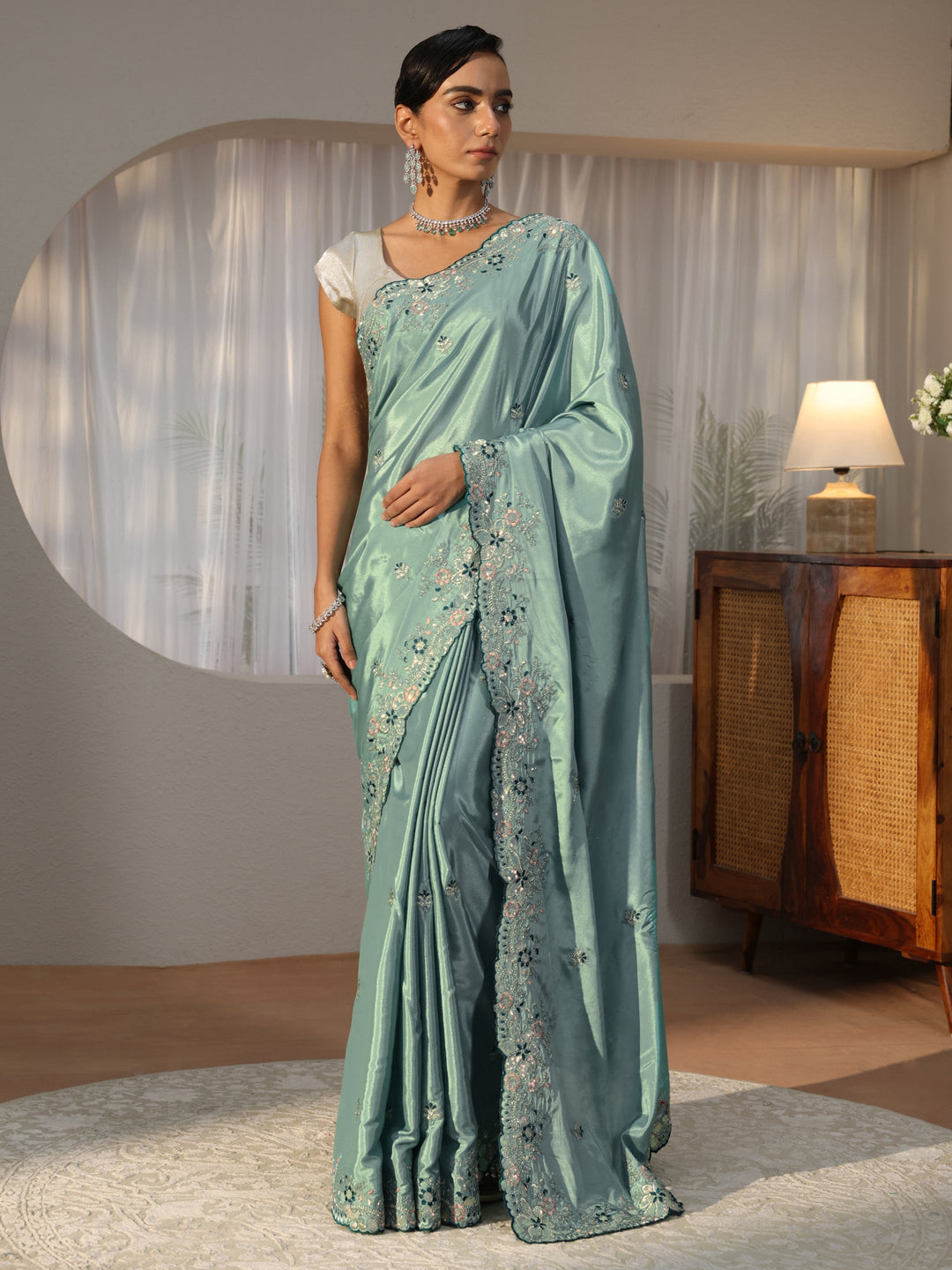 Dusty Blue Floral Embroidered Satin Saree