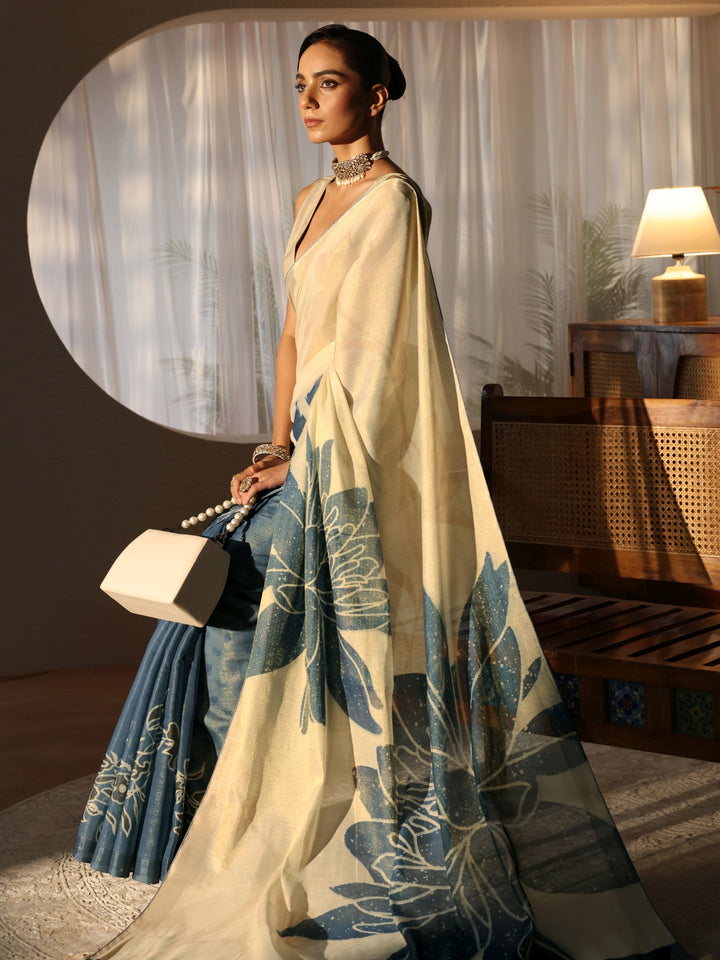 Dusty Blue Floral Printed Cotton Blend Saree