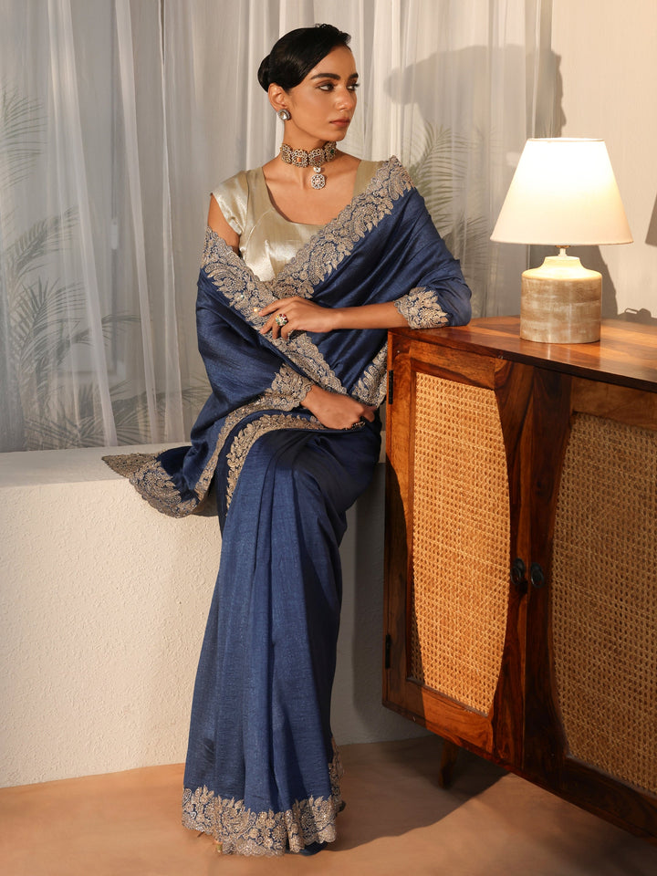 Dusty Blue Silk Blend Saree with Embellished Border