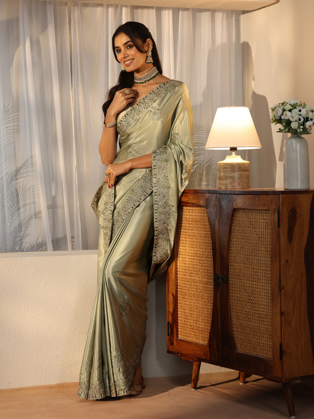 Dusty Green Floral Embroidered Satin Saree