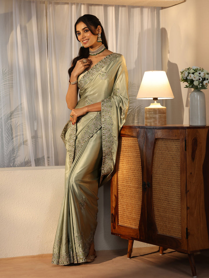 Dusty Green Floral Embroidered Satin Saree